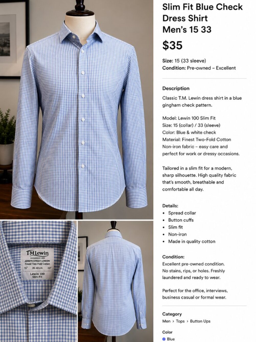 T.M. Lewin 100 Slim Fit Blue Check Dress Shirt Men’s 15/33 Non-Iron Cotton